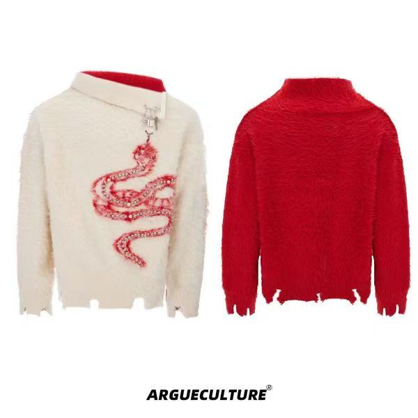 2024 Autumn/Winter Men's Plus Size Red Lapel Half-Zip Sweater - Warm, Versatile Knitwear