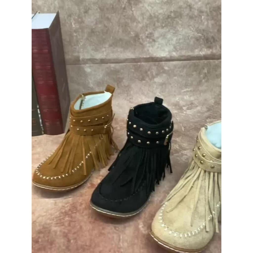 Dámské kovbojské boty s designem okraje Su na zip na jedné straně, celoroční ležérní a pohodlné, kotníkové boty se střapci | Design s jemným prošíváním