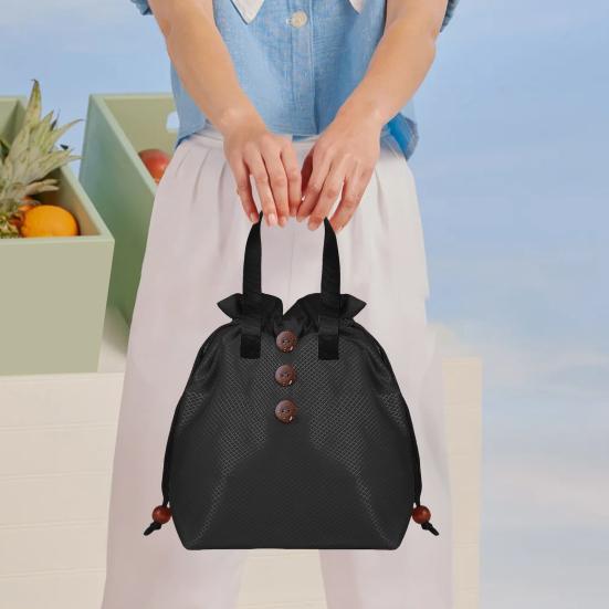 Insulated Lunch Bag Bento Storage Organizer with Drawstring Cuff Large Capacity Waterproof Bento Lunch Handbag with Handle