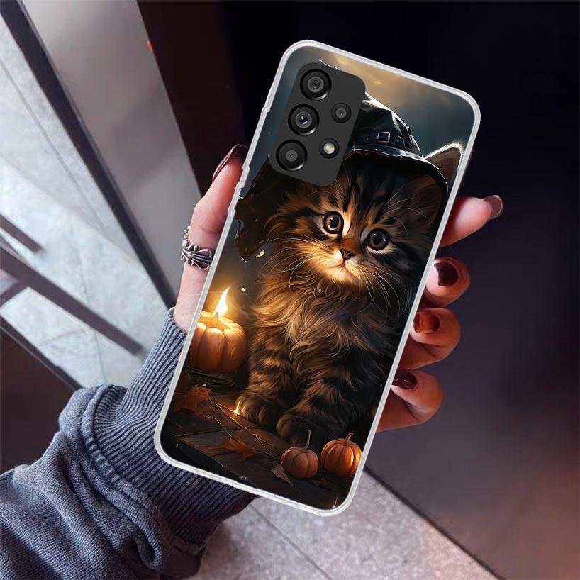 Black Kitten Halloween Pumpkin Phone Case For Samsung Galaxy A17 A57 A37 A16 A26 A36 A56 A15 A25 A35 A55 A14 A13 A54 A53 A34 A24