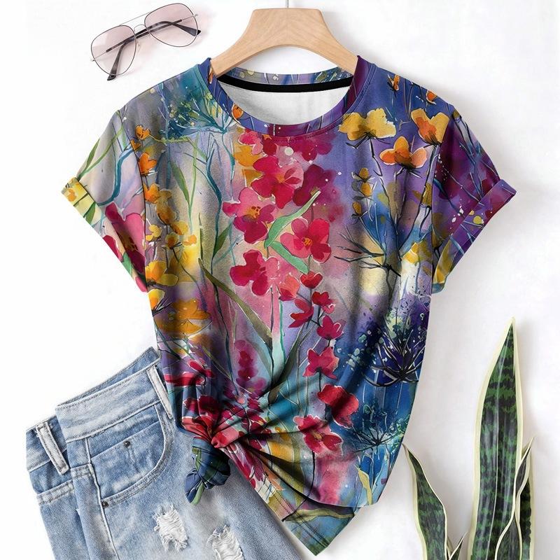 Fashion Women's Crew Neck Short Sleeve 3D Floral Color Printing Floral Short Sleeve Crew Neck T-Shirt
