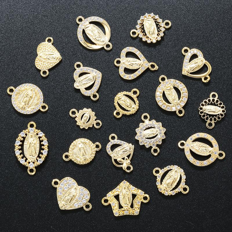 ZHUKOU Golden-plated Brass Catholic Virgin Mary Pendant Crafts Double Holes DIY Bracelet Necklace Accessories
