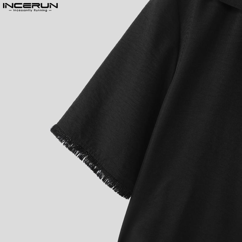 INCERUN Men V Neck Short Sleeve Lace-up Waist Back Cutout Irregular Long Tops T-shirts