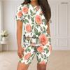 Women Plus Size Rose Floral Printed Round Neck Short Sleeve Top And Fitted Shorts Two Piece Set