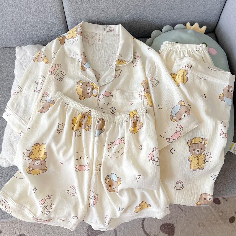 Blue Bear Women's Summer Cotton Pajama Set - Short-Sleeved, Cute Cartoon Design, Three-Piece Loungewear.