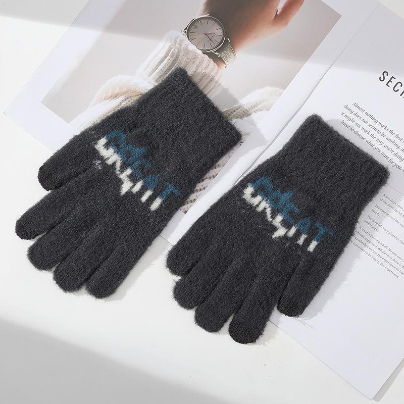 Touchable Screen New Autumn and Winter Men's Knitted Warm Gloves Cycling Cold Proof Letters Jacquard Cycling Fingers Five Fingers
