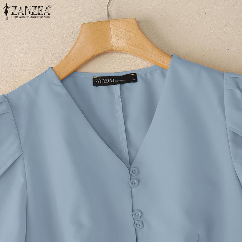 ZANZEA Women Casual V-Neck Summer Short Sleeve Plain Blouse