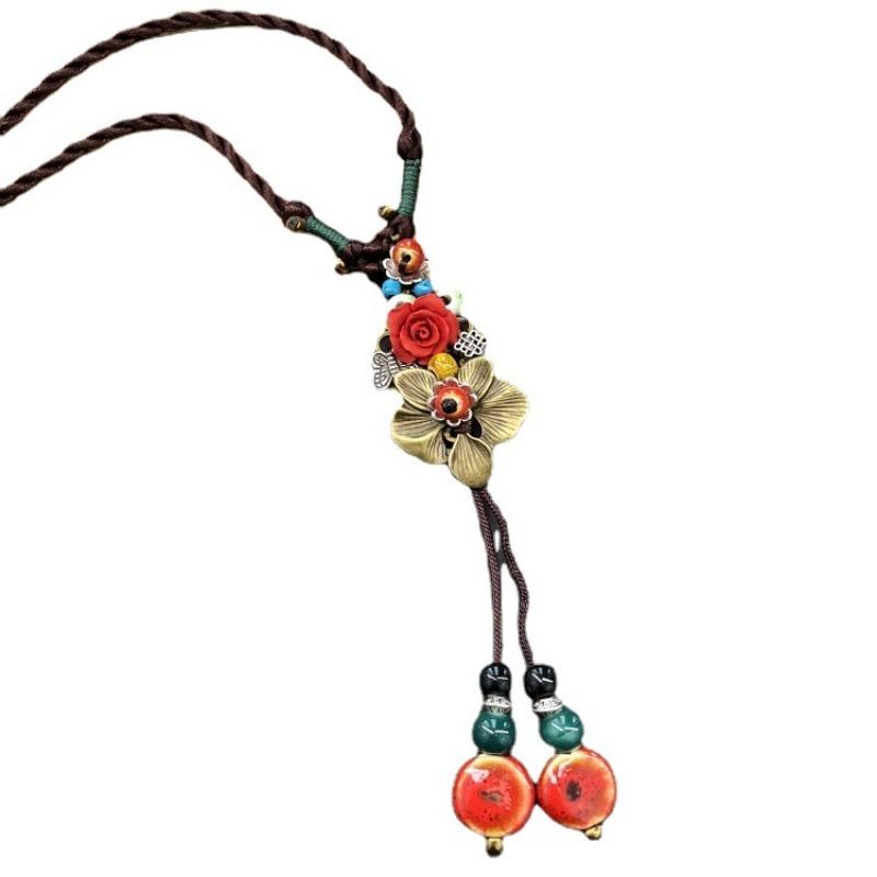 Retro literarische Baumwolle und Leinen Keramikkette, vielseitige lange Pulloverkette für Damen mit Quastenanhänger-Accessoires