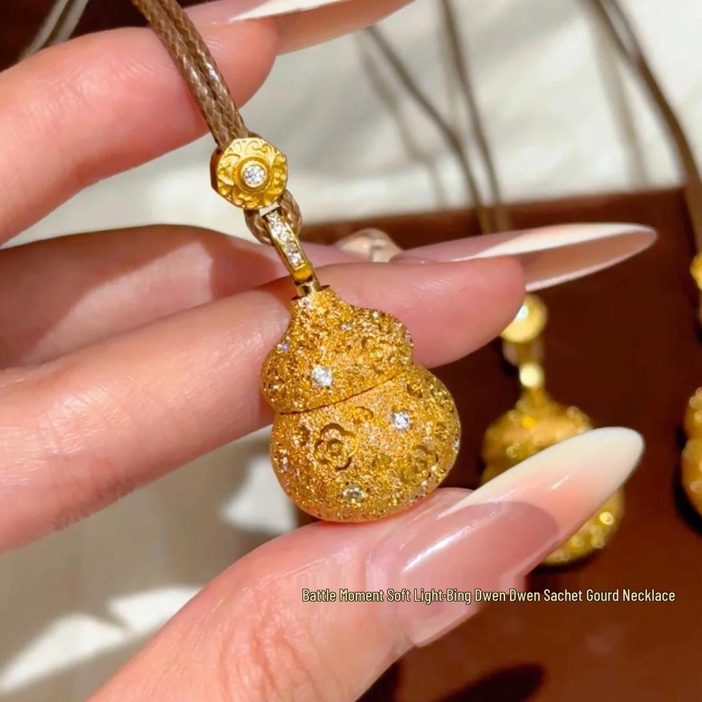 Gold Sand Eight Treasures Compass Pendant Necklace with Gourd Charm for Women