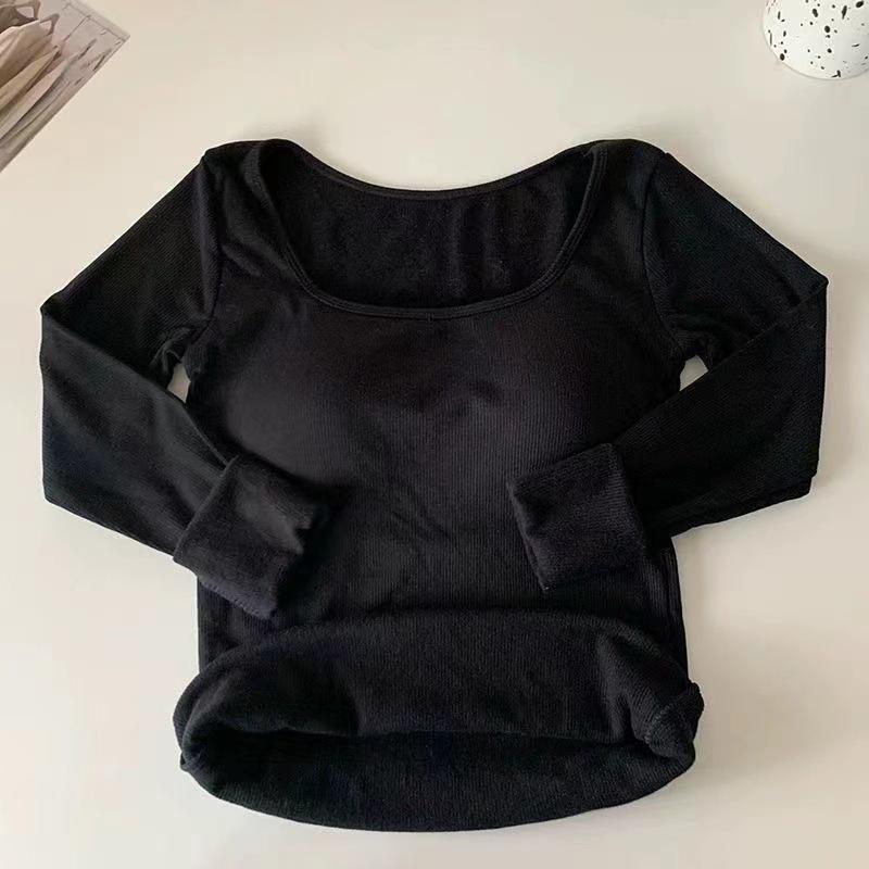 Korean Version with Chest Pad Winter Long Sleeve Woolen Warm and Fleece Thickened Square Collar Collarbone with Bottom Coat Long Sleeve Top