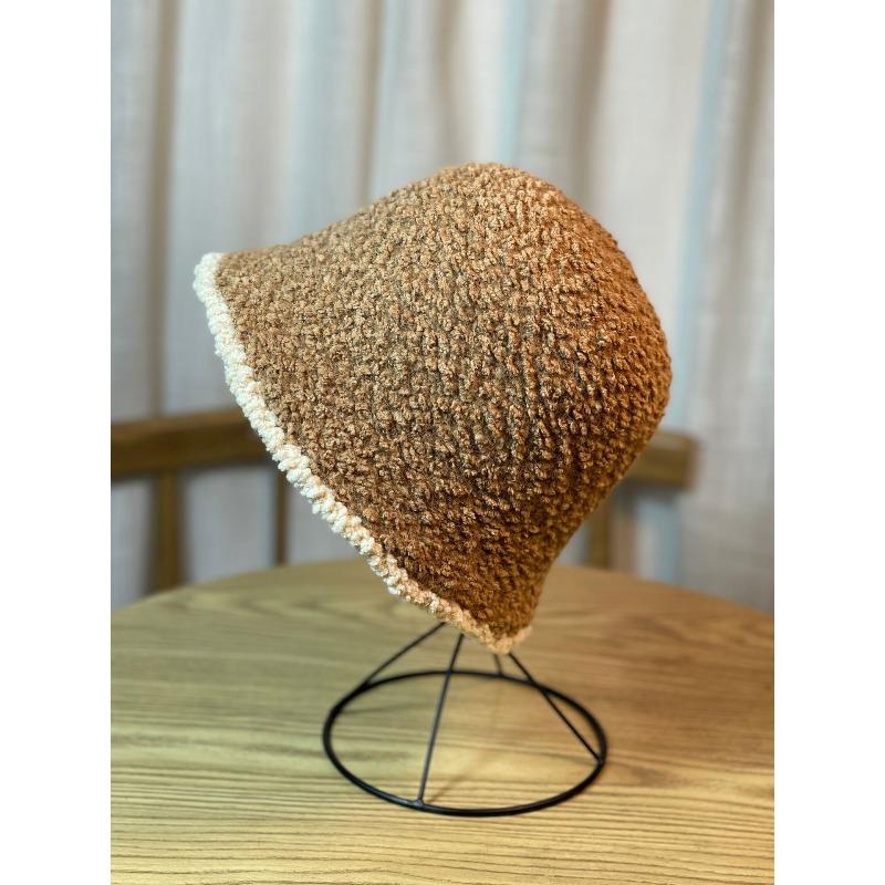 Black White Edge Knitted Plush Fisherman Hat for Women Autumn and Winter New Style Large Head Circumference Bucket Hat Japanese Style Small Face