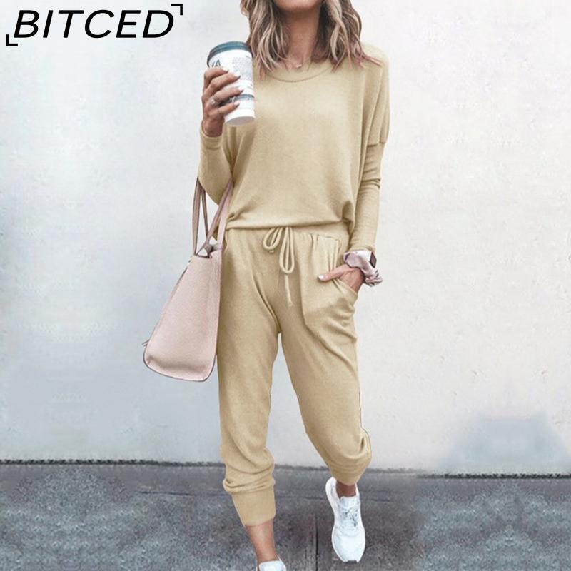BITCED Spring and Autumn Women's Loose Solid Colour Long Sleeve Long Pants Casual Suit