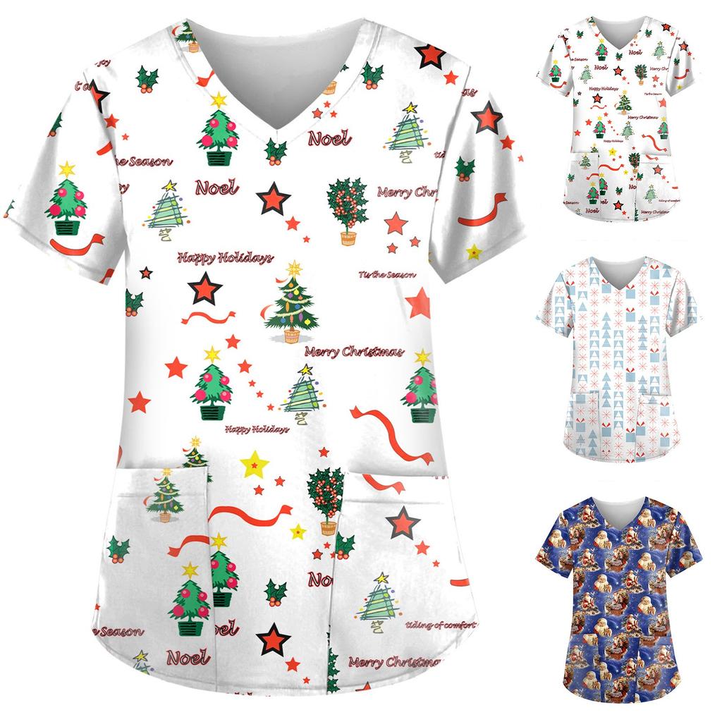Topuri cu decolteu în V cu mâneci scurte cu imprimeu de Crăciun pentru femei, cu buzunar de lucru, bluză, cămăși uniformă