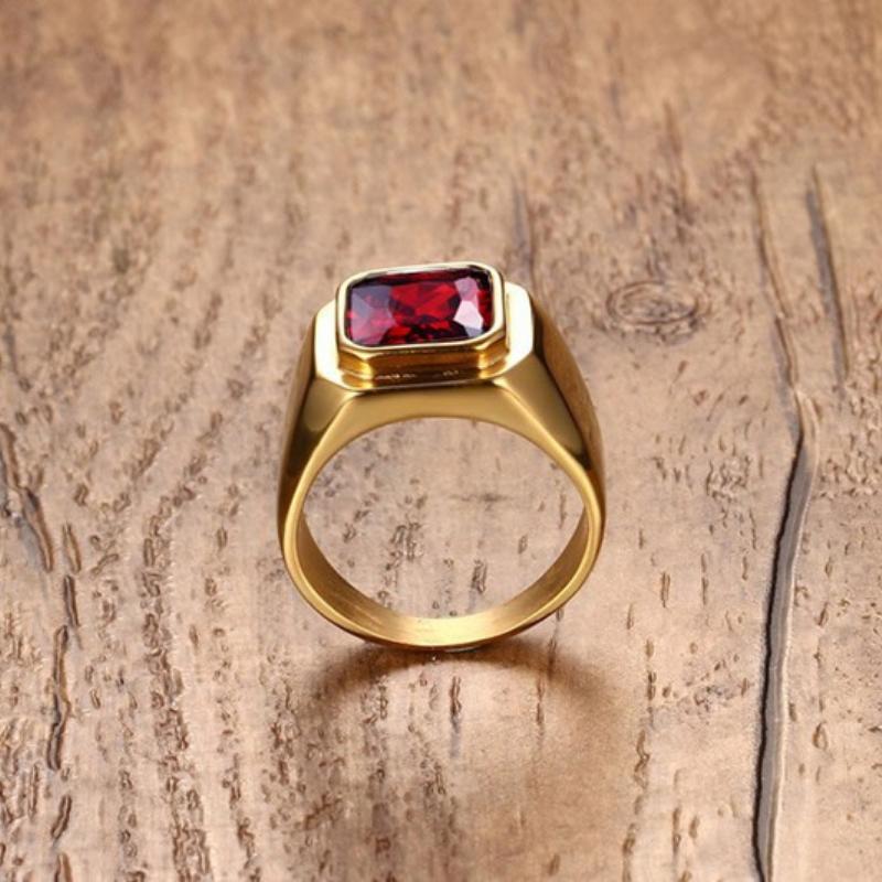 Black/Gold Plated Stainless Steel Men's Ring Square Red Zircon Stone Classic Signet Rings