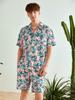 Men's Shirt Set Summer Striped Printed Short Sleeve Shirt Drawstring Shorts Casual Hawaiian Style Men's 2 Piece Home Large Size