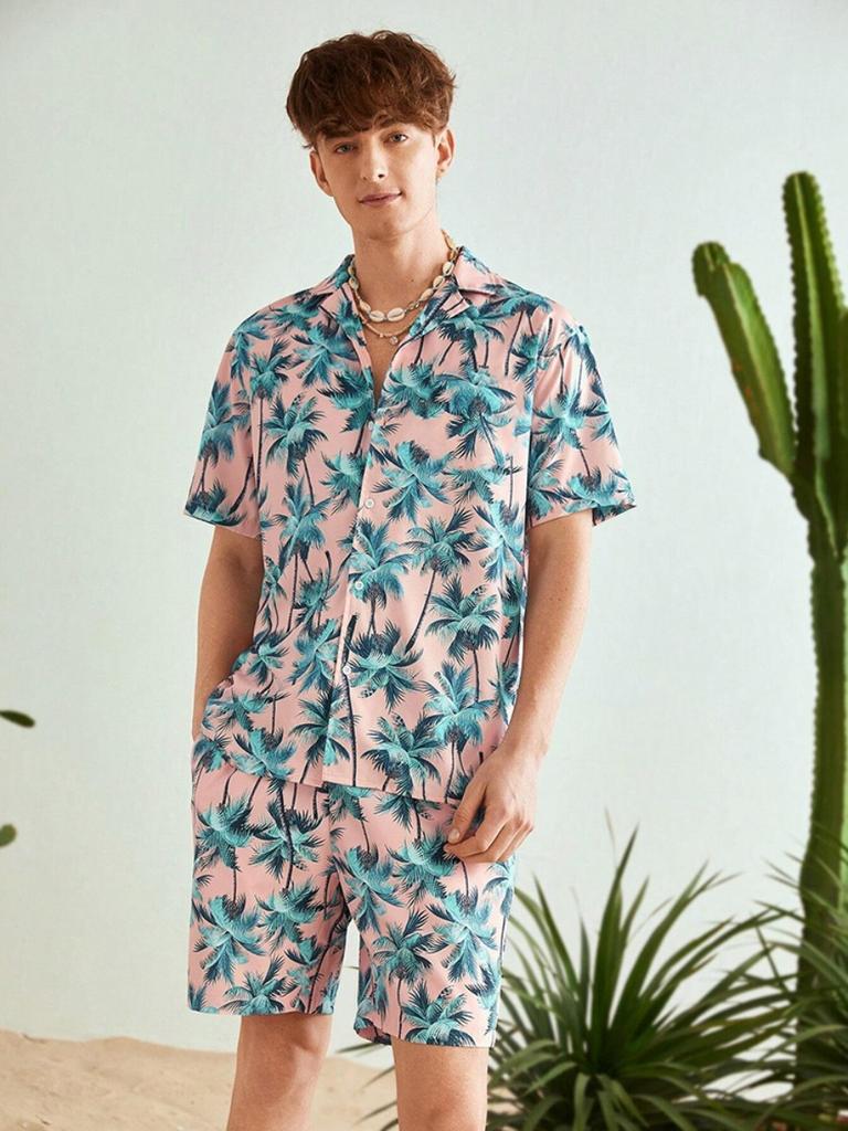 Men's Shirt Set Summer Striped Printed Short Sleeve Shirt Drawstring Shorts Casual Hawaiian Style Men's 2 Piece Home Large Size