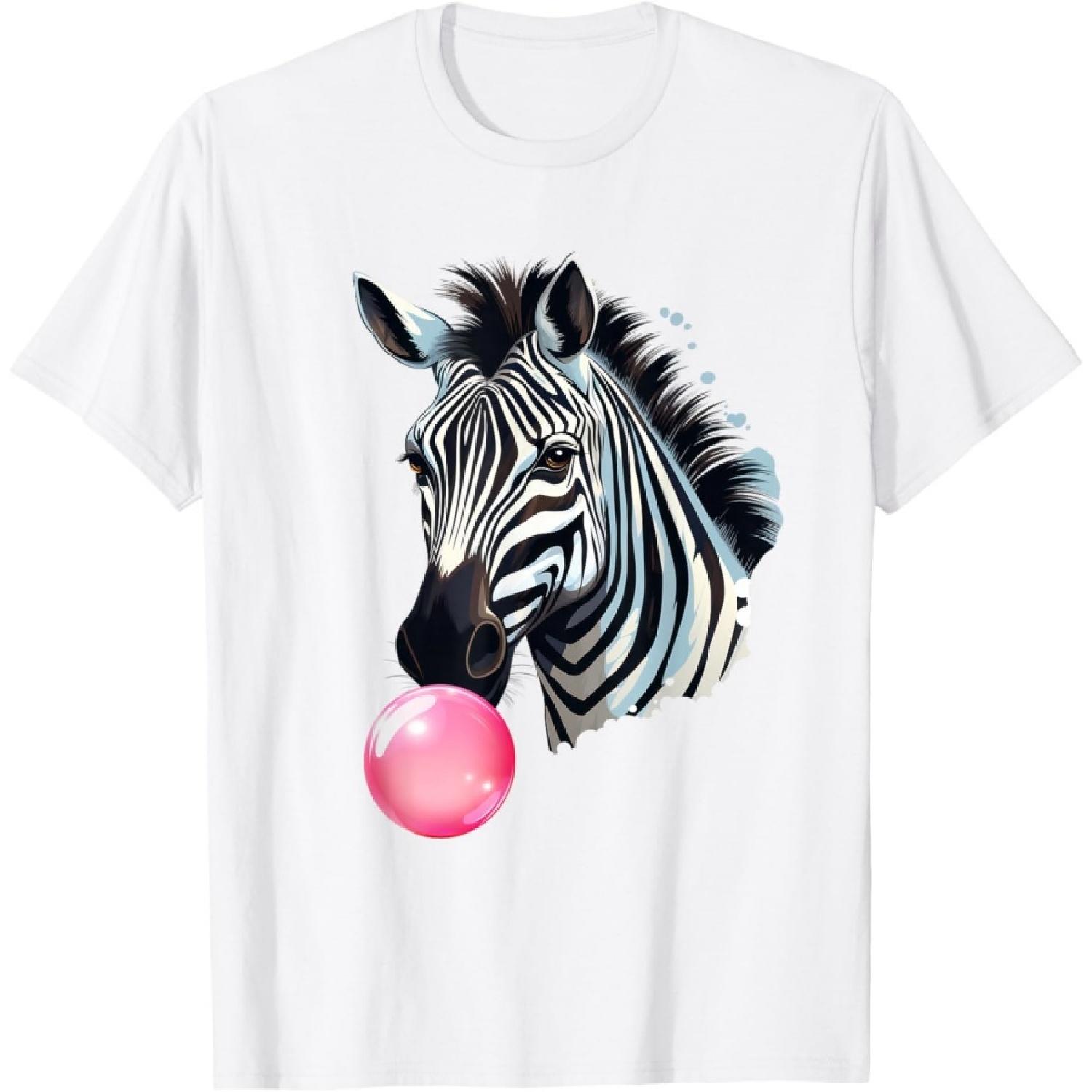 144 Animals Zebra Funny Zebra Bubblegum T-Shirt - Unisex-Adults, Kids - Blue - Short Sleeve - Zebra Print - Casual - All Seasons S