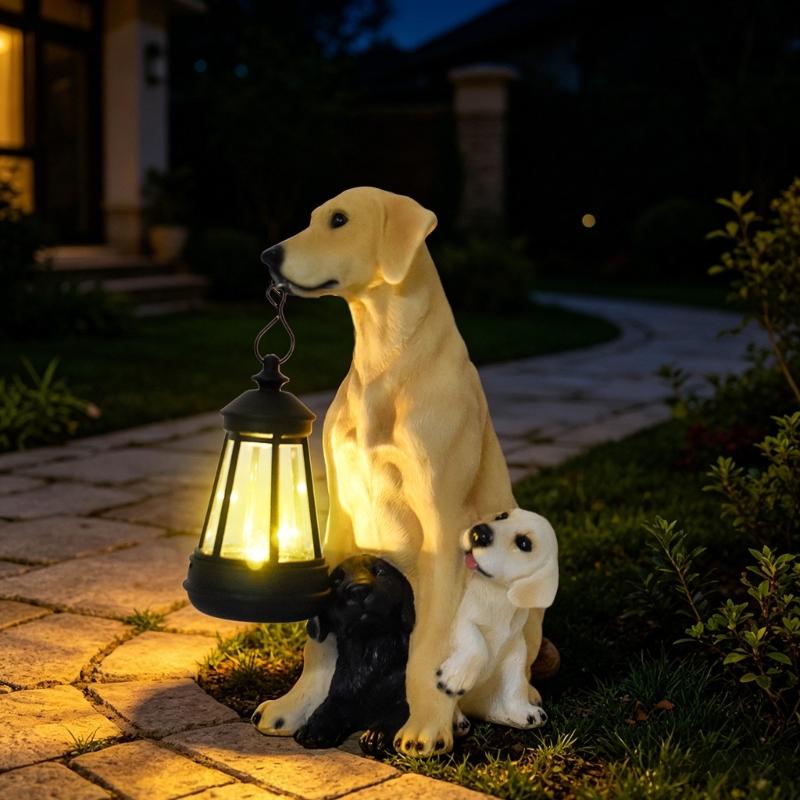Dog Garden Statue with Hanging Light, Resin Outdoor Display Accent for Porch Lawn and Entryway Presentation Piece