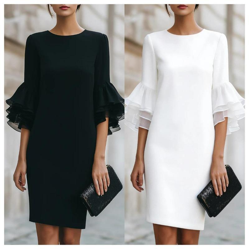 Women's Crew Neck Ruffle Bell Sleeve Mini Dress Loose Fit Elegant Party Dress