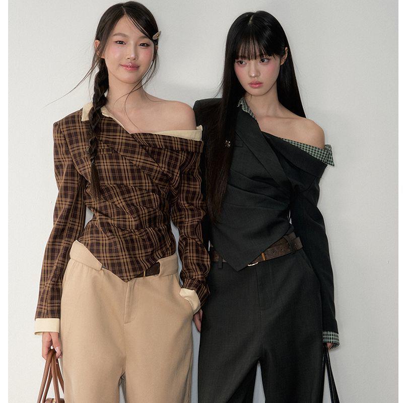 Herbst Schulterfreies Karriertes Langarmhemd für Damen, Tailliert, Schlankmachend, Wunderschönes Design