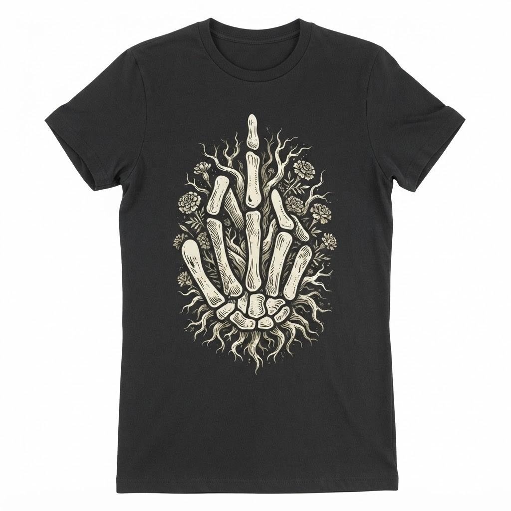 Vintage Skeleton Hand Middle Finger Skull Rude Halloween T-shirt Gift S