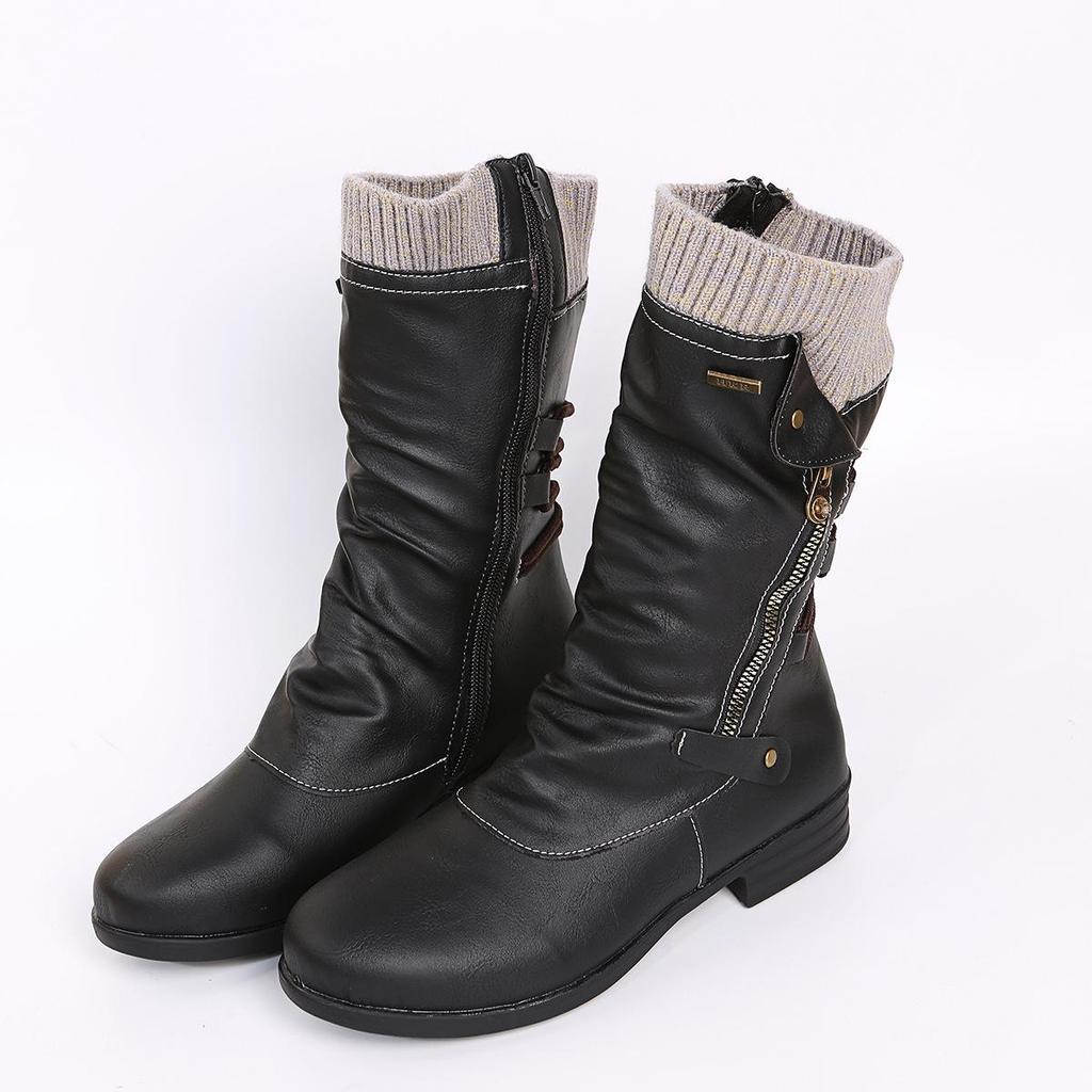 2021 Autumn/Winter Women's Plus Size Leather Boots, Round Toe with Wool Trim and Side Zip