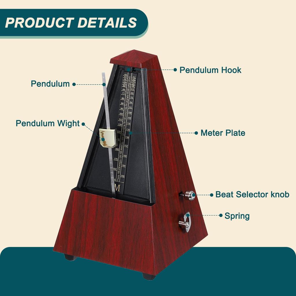 uxcell Mechanical Metronome, High-Precision Music Timer, Universal Metronome for Piano, Guitar, Violin, and Ukulele Players, Mahogany Color