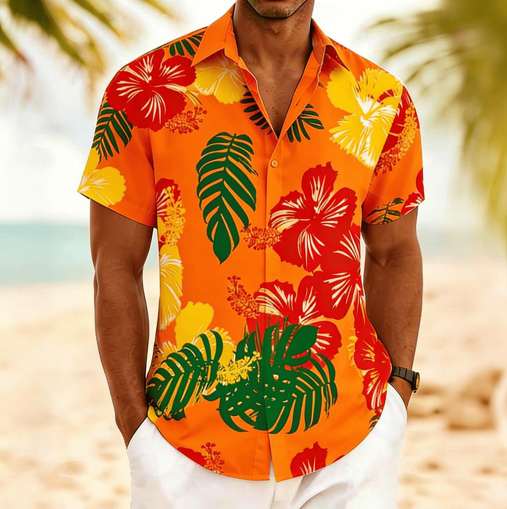 Men's Hibiscus Tropical Print Short Sleeve Shirt, Spring Summer Vibrant Hawaiian Vacation Blouse, Loose Casual Top