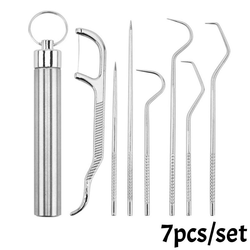 

7pcs Stainless Steel Toothpick Set Reusable Dental Flosser Picks Portable Hygienic Teeth Cleaning Tools Home Oral Care