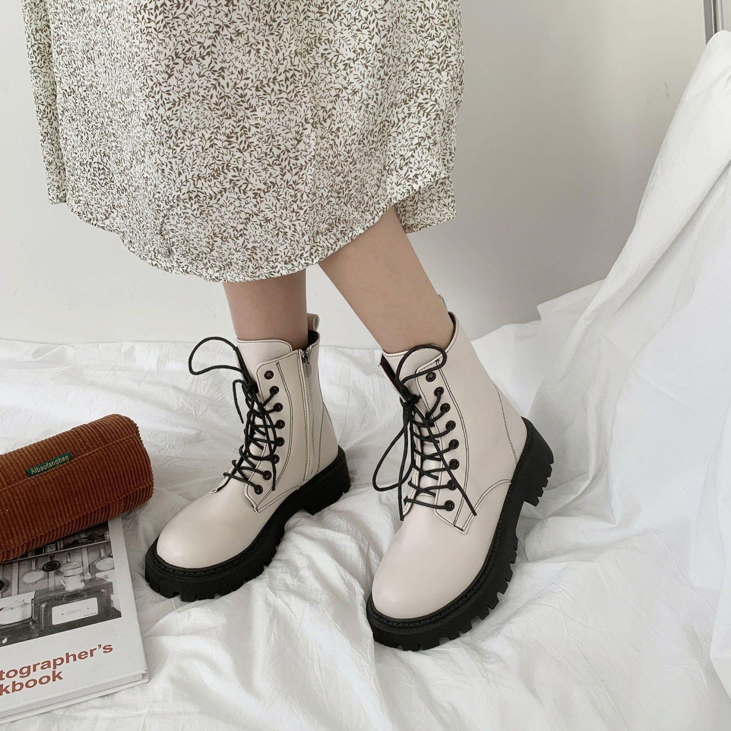 

Короткие туфли для женщин Женские ботильоны Белые элегантные на среднем каблуке Ботильоны на шнуровке Ботинки на шнуровке Черные в стиле панк 40