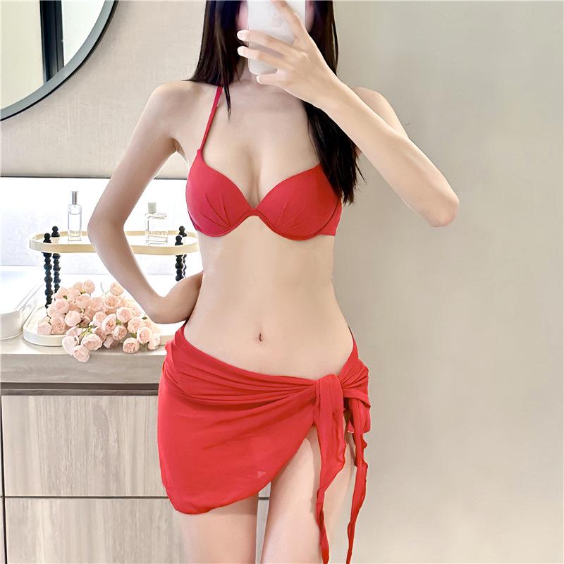 Pink Rose Red Bikini Swimsuit with Steel Support - Sexy Three-Point Design for Women