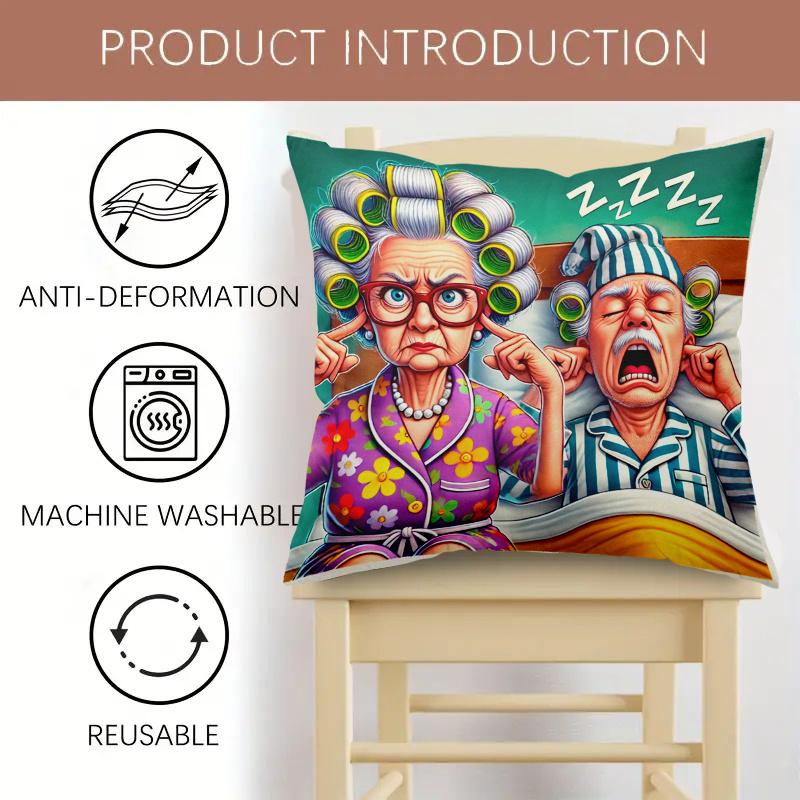 1Pc Funny Elderly Couple Snoring Print Throw Pillow Cover,Suitable For Sofa,Bedroom,Living Room,A Humorous Gift For Seniors