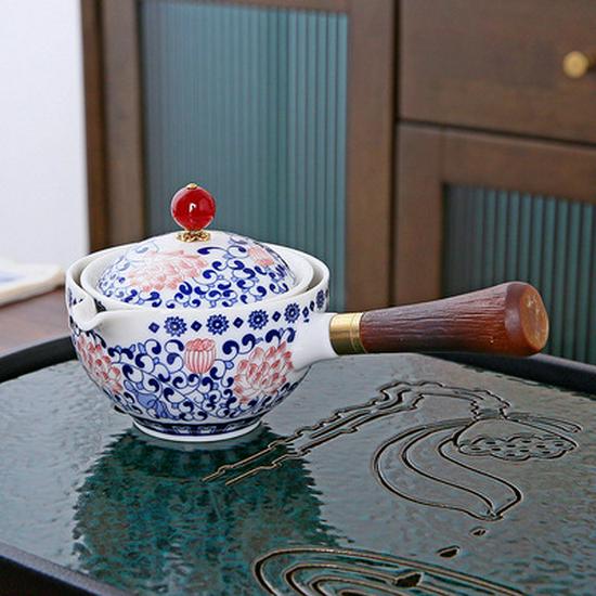 Compact Travel Tea Set with Automatic Rotating Teapot and Side Handle Kung Fu Cups