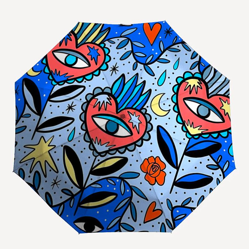 

1pc Heart Eyes Floral Automatic Opening/closing umbrella, Reinforced 8-Rib Construction, Compact Travel Umbrella yy250808126