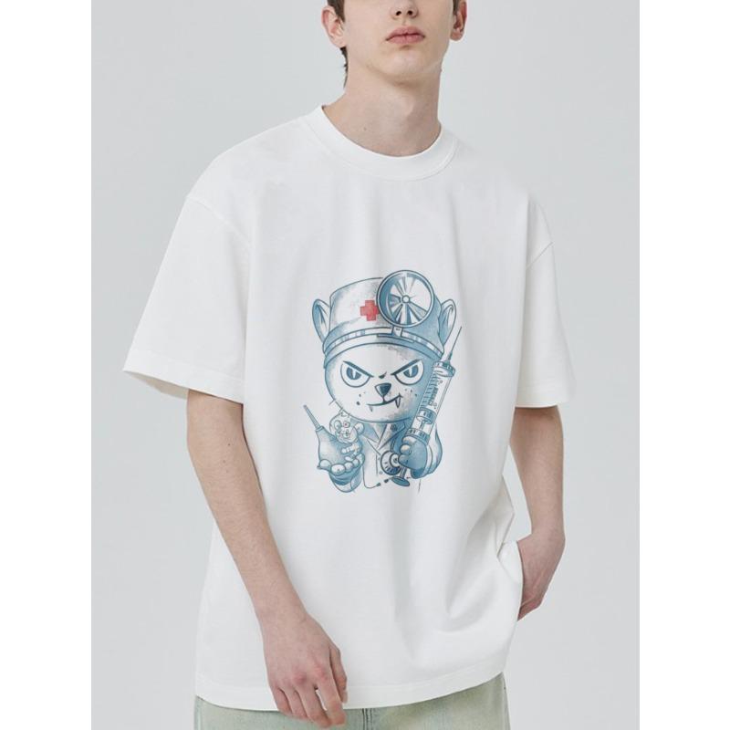 Crewneck T Shirt White Cat Nurse with Syringe and Stethoscope Print Casual Streetwear for Men and Women