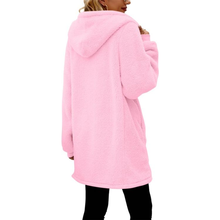 Giacca Peluche alla Moda Donna Larga con Cappuccio Zip Cappotto Colore Solido Manica Lunga Tasca