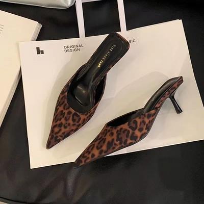 2025 Frühling Neu Leopardenmuster High Heel Pumps Damen Slipper Spitzschuh Dünner Niedriger Absatz Sandale Damen Pantoletten Schuhe Zapatos Mujer