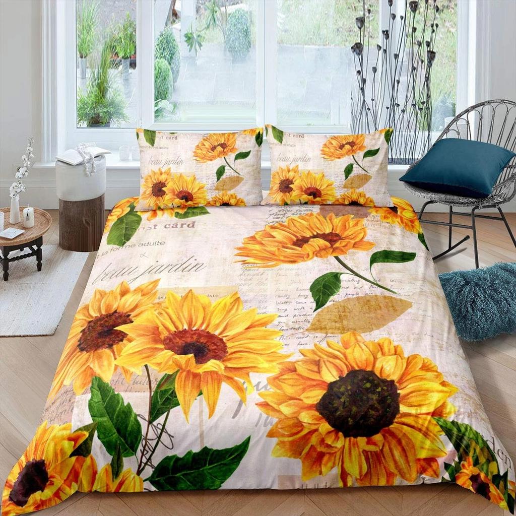 Vintage Sunflowers Duvet Cover Set Letters Bedding Set Letters And Sunflowers Printed Retro Girls Queen Size 2/3pcs Quilt Cover