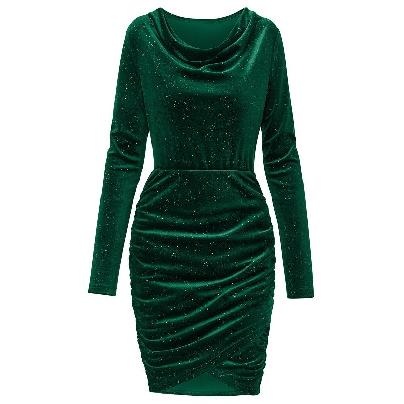 Sonbahar Kış Moda Kadın Rahat Düz Renk Sallanan Boyun Uzun Kollu Pembe Kadife Elbise