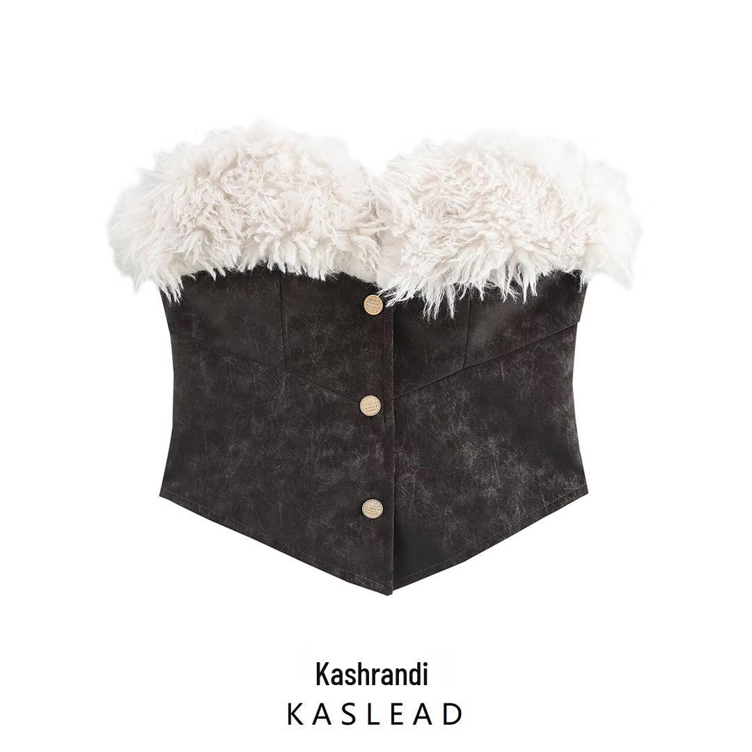 

2024 Winter Women s Retro Fur Strapless Top - European & American Style L
