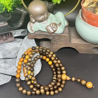 Golden Saffron Pear Wenwan Prayer Beads Necklace - 108 Hidden Grain Handmade Barrel Beads with Separators.