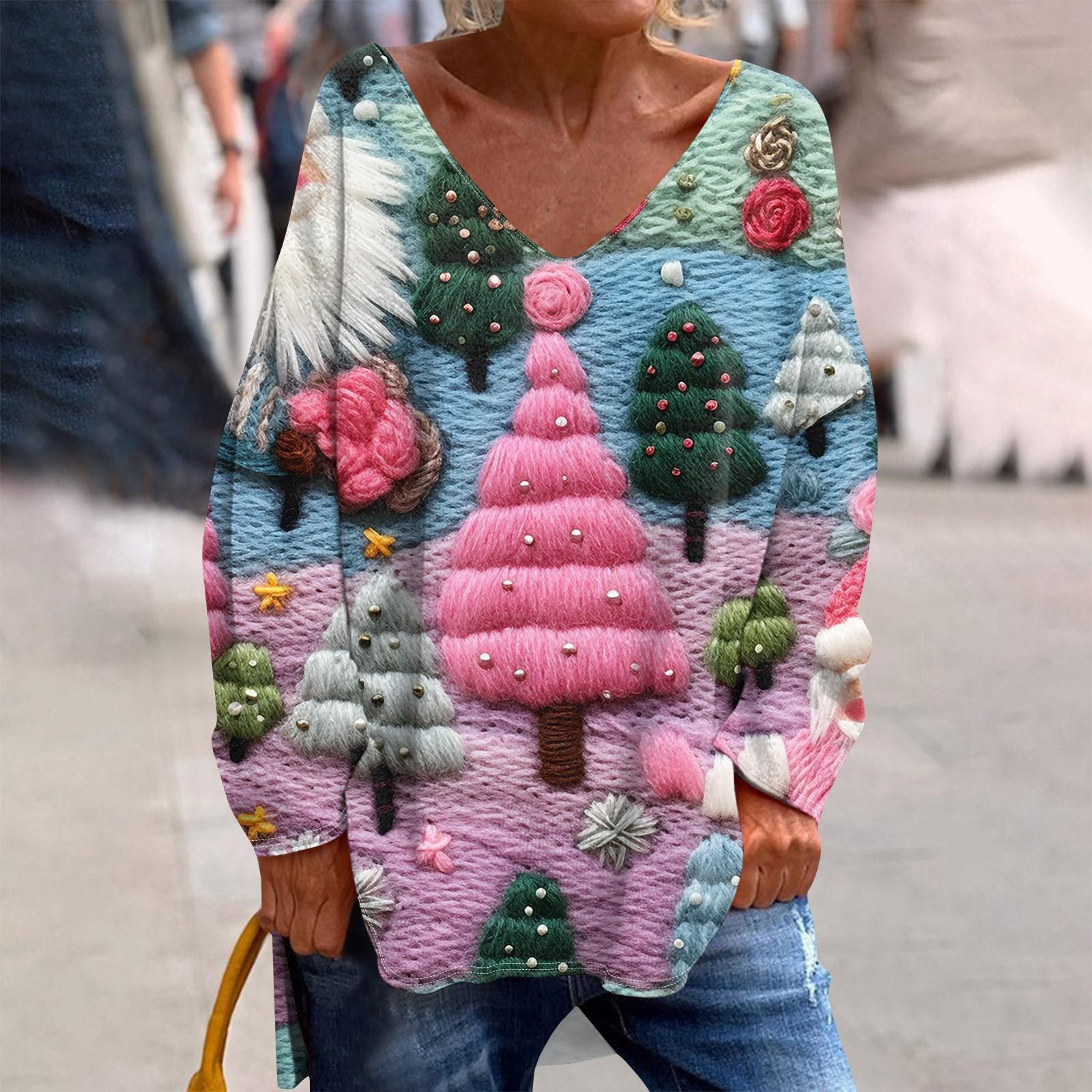 

Женская модная повседневная футболка с длинными рукавами и рождественским принтом с V-образным вырезом XXL