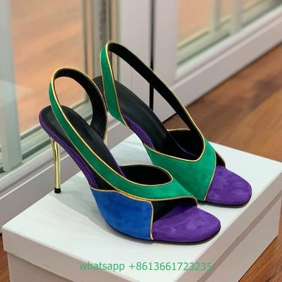 Metall Stiletto High Heel Wildleder Mischfarben Spleiß Sandalen Slipper Damen Sandalen Slingback Laufsteg Design Luxusschuhe