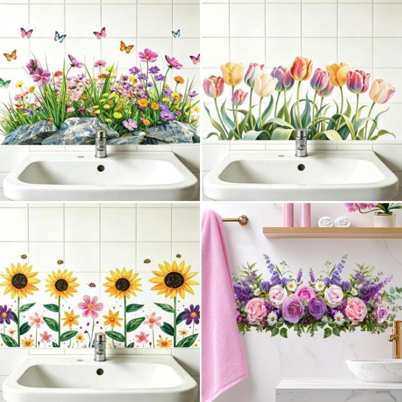 Waterproof Removable Floral Wall Stickers No Residue Adhesive Decals for Sink Area Bathroom Wall Art Decoration