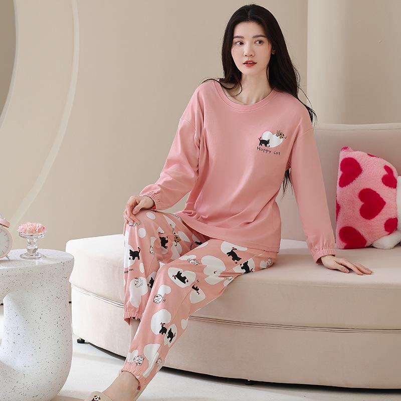 100% Cotton Women's Pajama Set – Breathable, Sweat-Absorbent, Long Sleeve Crew Neck for Indoor & Outdoor Wear (Autumn/Winter)
