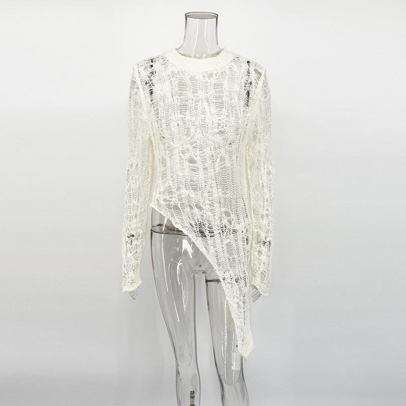 White Knit Hollow Out Sweaters Pullovers For Women Loose See-Through Patchwork Solid Vest Top Female Knitwear Pullovers S белый