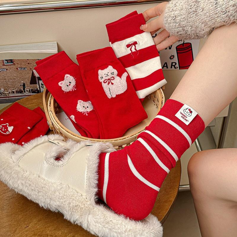 Red Socks Pure Cotton Tube Socks Cute Cat Polka Dot Striped Big Red Boneless Pile Socks Women