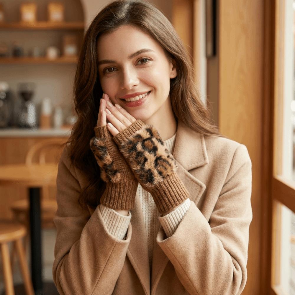 Soft Plush Fingerless Gloves Warm Leopard Print Gloves Vintage Half-Finger Gloves Women