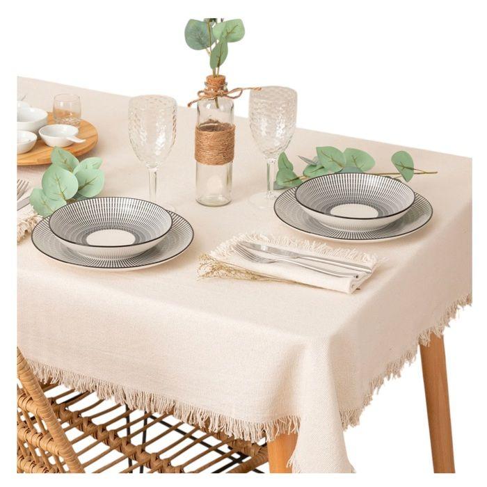 Nappe en coton a franges 150 x 250 cm blanc - Chic et élégante