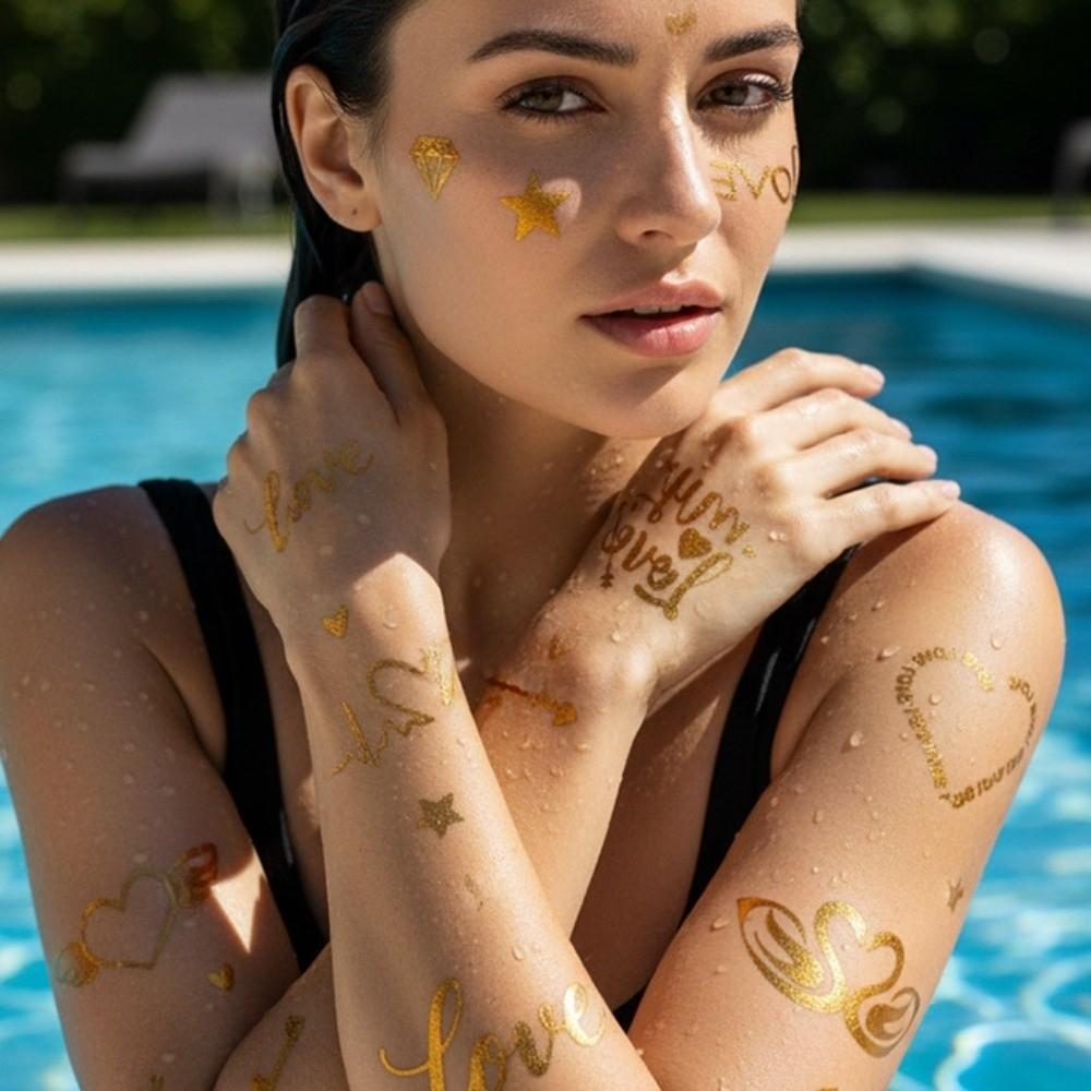 Water Transfer Gold Stamping Tattoo Stickers Instant Fake Temporary Tattoo Gold Waterproof Body Art Sticker Finger Hand Legs Arm